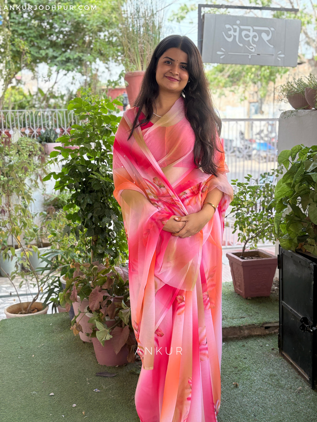 Pink Large Floral Print Vintage Isha Chiffon lehriya