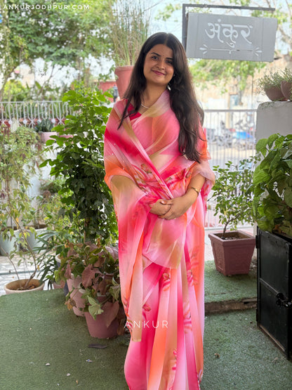 Pink Large Floral Print Vintage Isha Chiffon lehriya