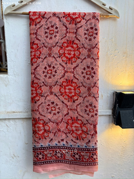 Peach Traditional Block Print Vintage Isha Chiffon