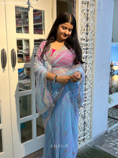 Blue with double Lehriya Zardozi Nagina