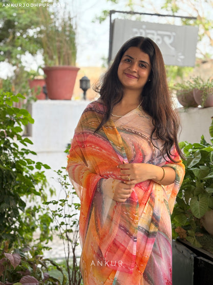 Orange Patterned Stripe Vintage Isha Chiffon lehriya
