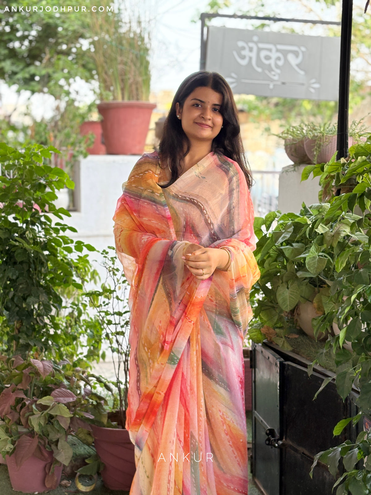 Orange Patterned Stripe Vintage Isha Chiffon lehriya