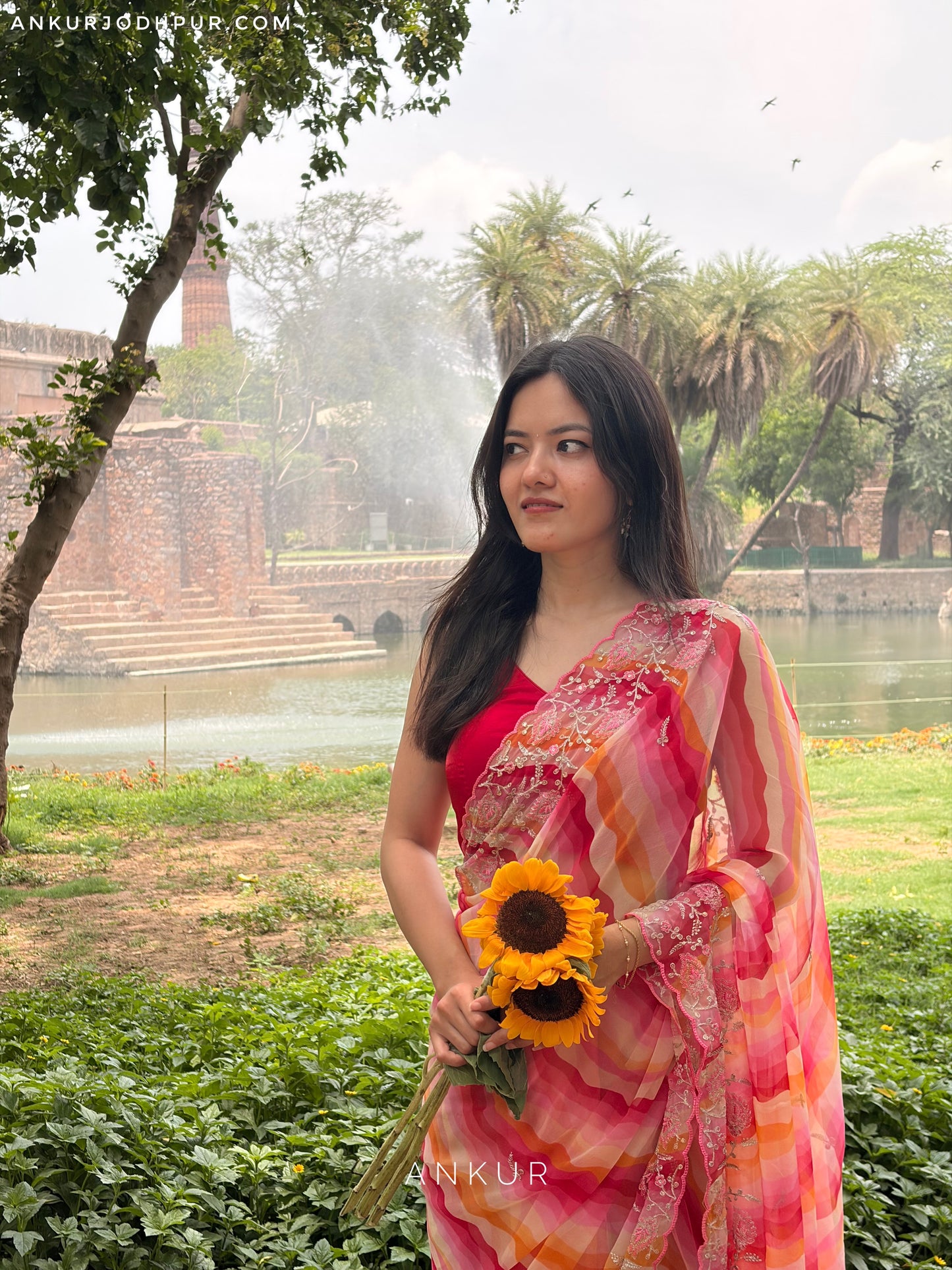 Rani Yellow Orange sunset with double Lehriya Zardozi Nagina