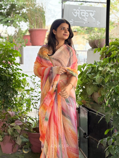 Orange Patterned Stripe Vintage Isha Chiffon lehriya