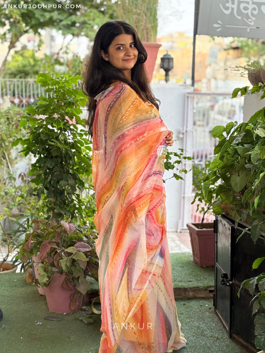 Orange Patterned Stripe Vintage Isha Chiffon lehriya