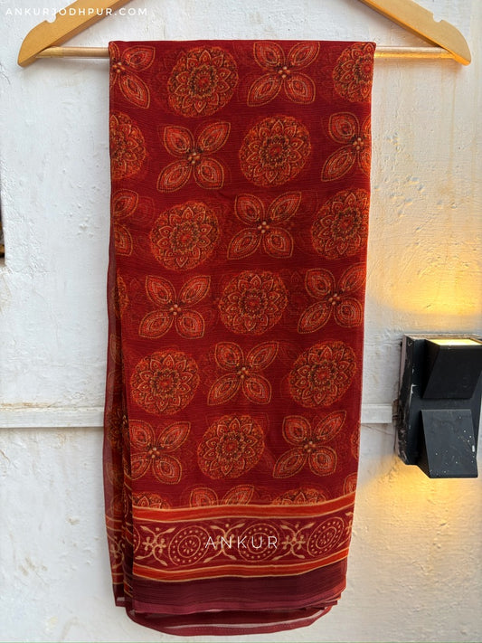 Rust Red Mandala Block Print Vintage Isha Chiffon