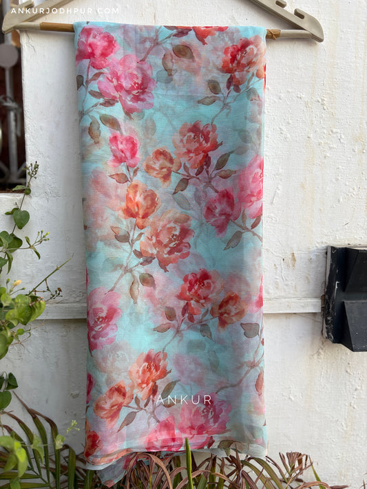 Sea Blue Pink Flower Vintage Isha Chiffon