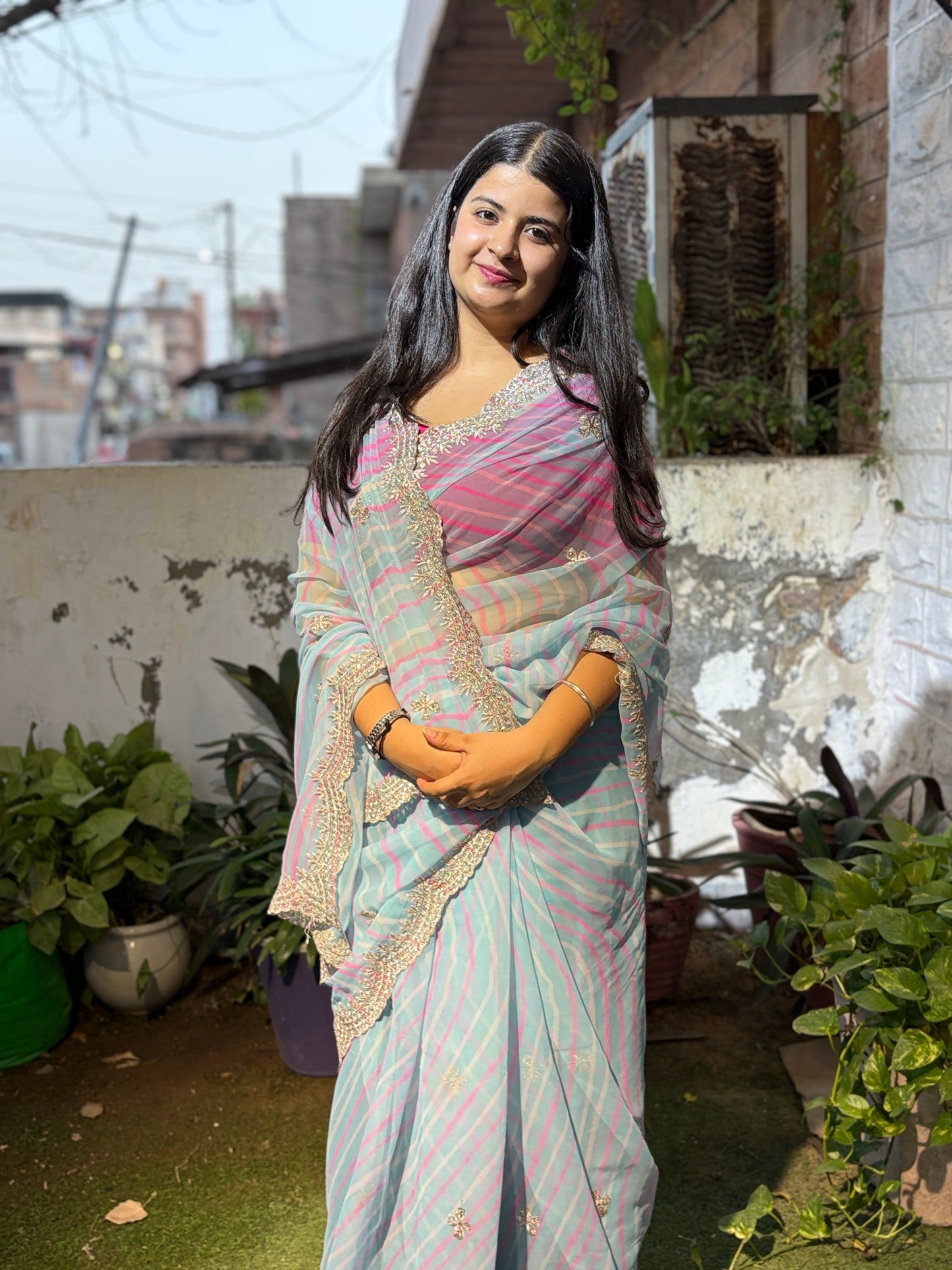 Blue with double Lehriya Zardozi Nagina
