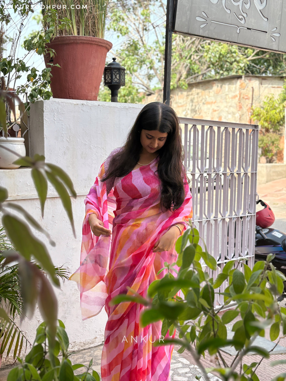Red & Pink Multi-Stripe Leheriya Vintage Isha Chiffon lehriya
