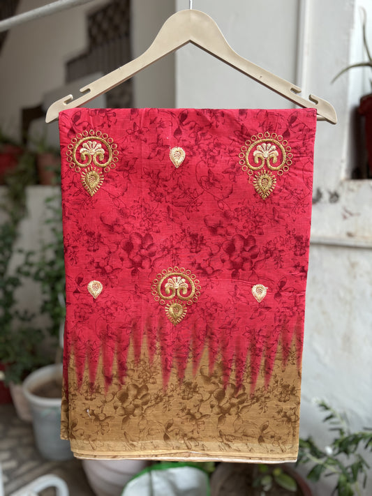 Cherry Red Cotton saree