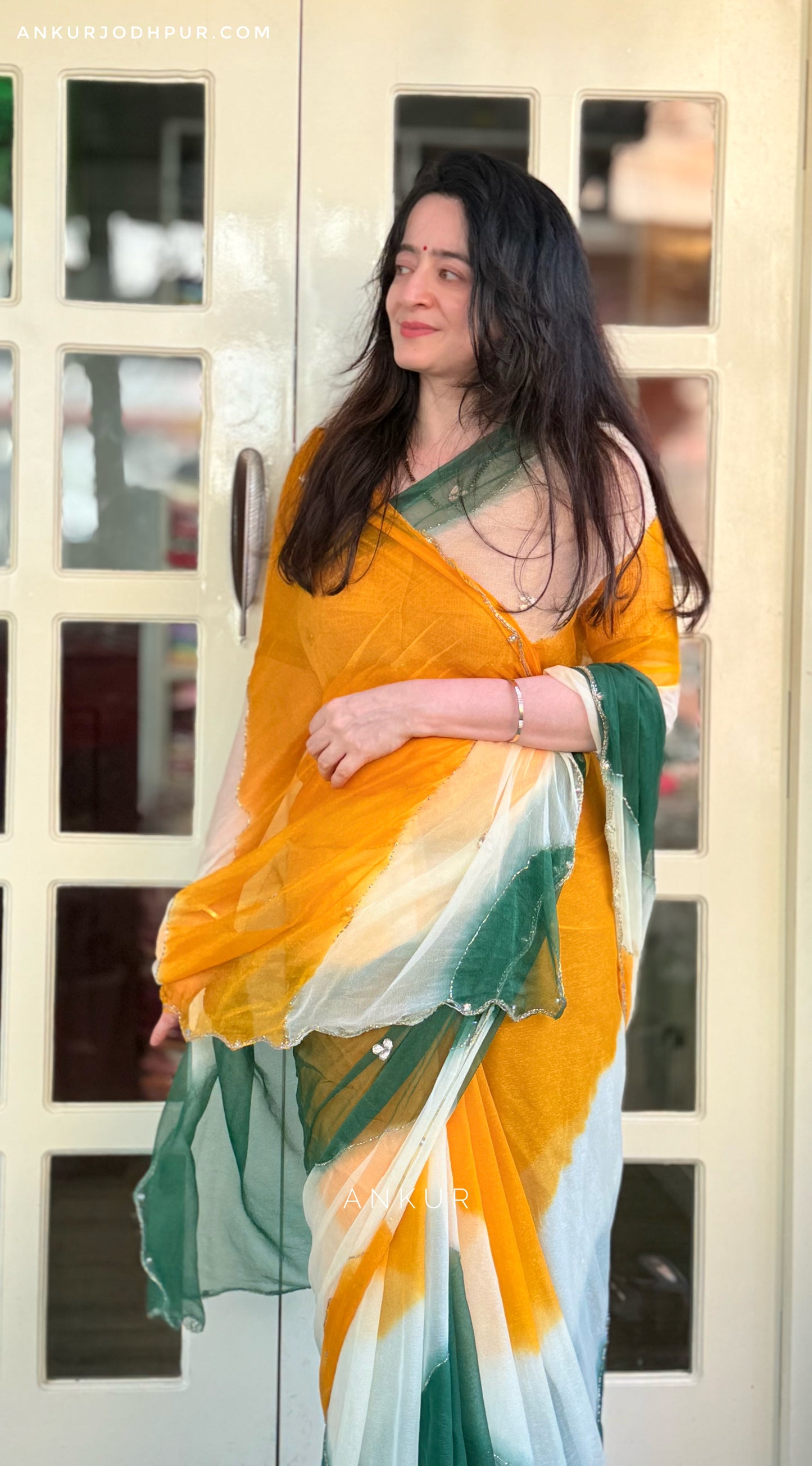 Green Yellow Shade Queenly Lehriya Nagina