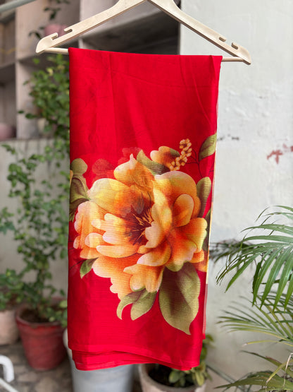 Red Crep Big Flower Silk saree