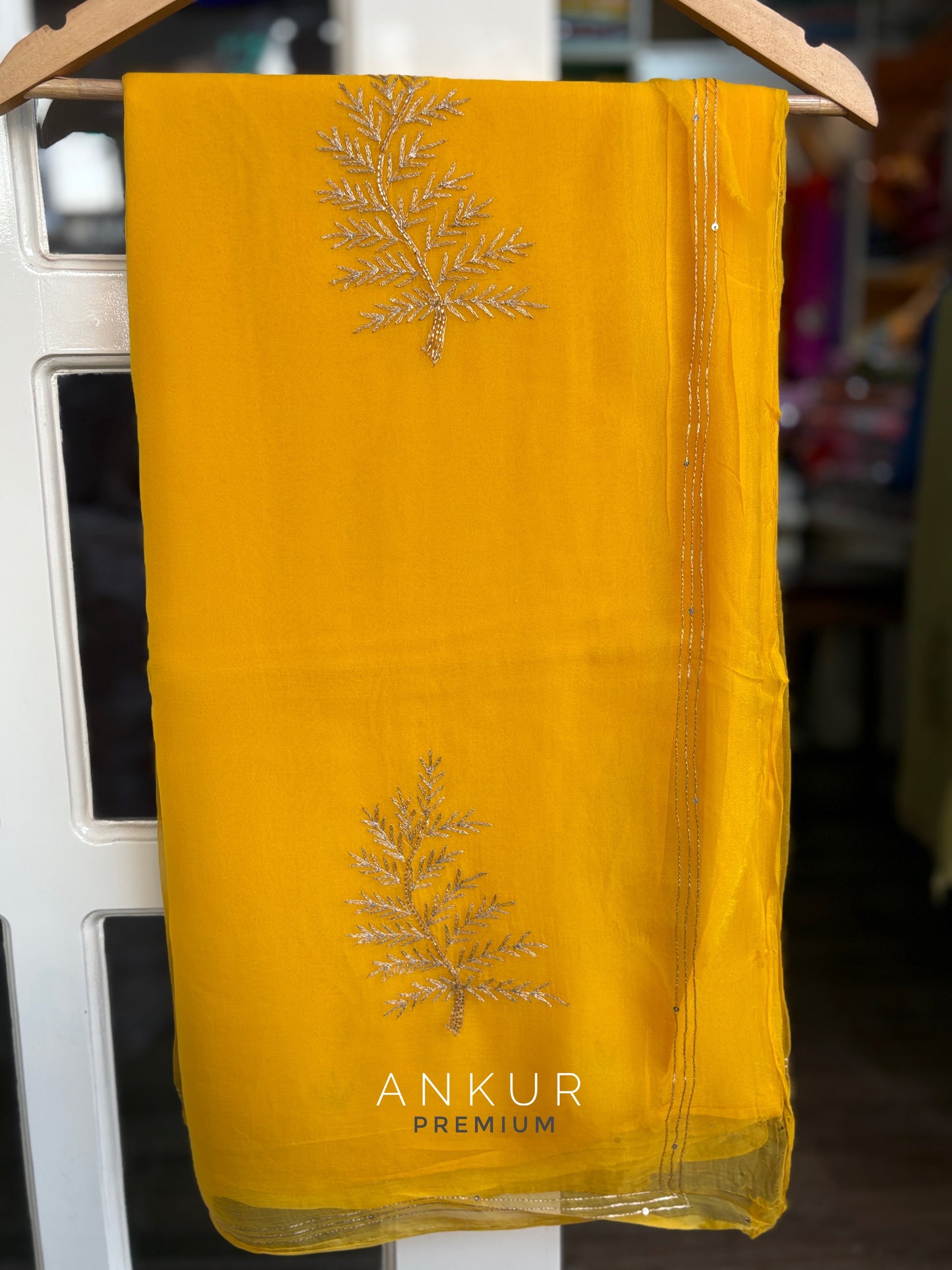 Kanak Vardhini yellow Leaf Pure Chiffon PremSundari