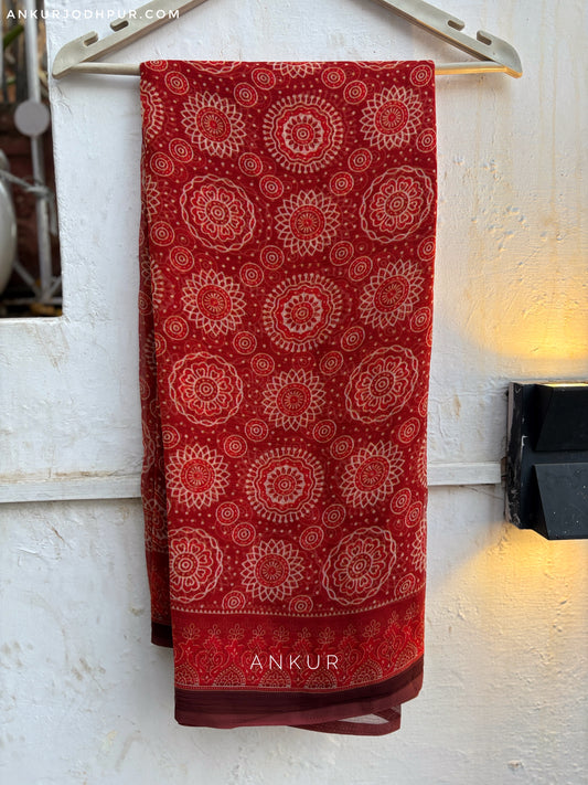 Red Mandala Block  Vintage Isha Chiffon