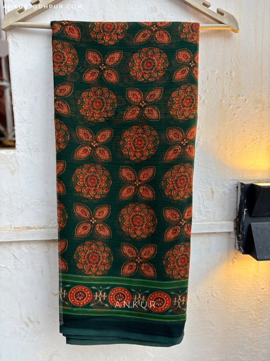 Green & Rust Geometric Print Vintage Isha Chiffon