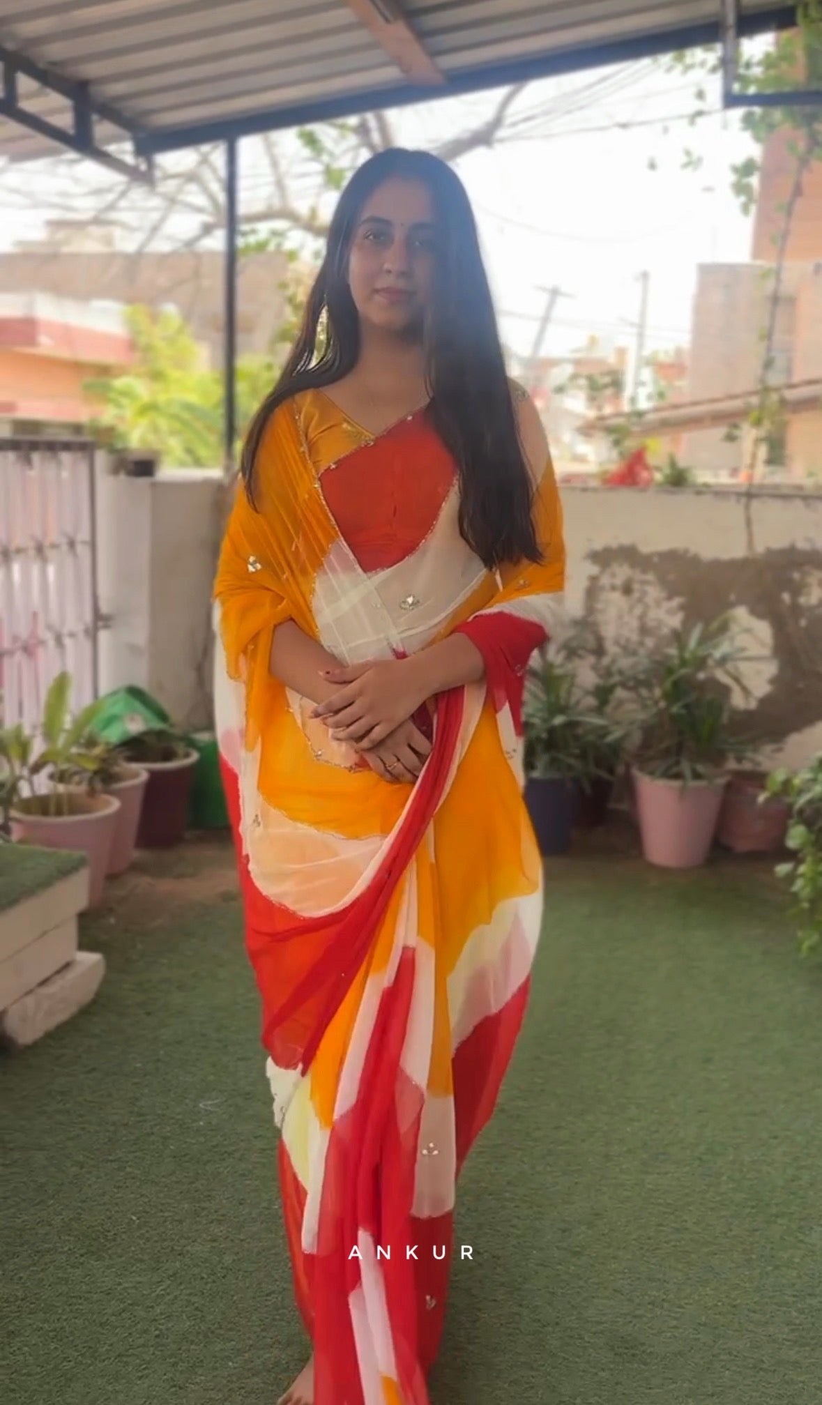 Red Yellow Shade Queenly Lehriya Nagina