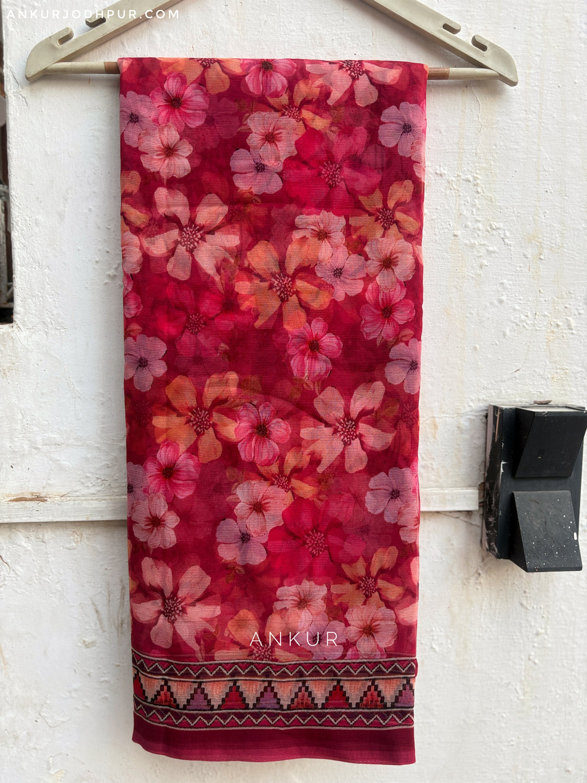 Cherry red flower with Border Vintage Isha Chiffon