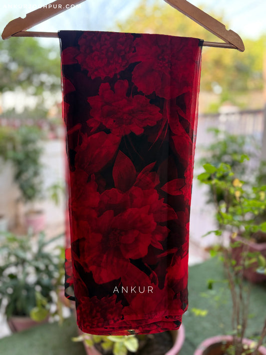Black with big Red design two Flower Print