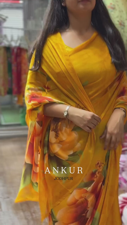 Yellow Crep Big Flower Silk saree